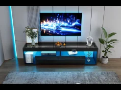 Móvel De Tv*Merax Móvel de TV brilhante - 180 x 40 x 46 cm - com 2 gavetas + LEDs - aglomerado - natural Preto