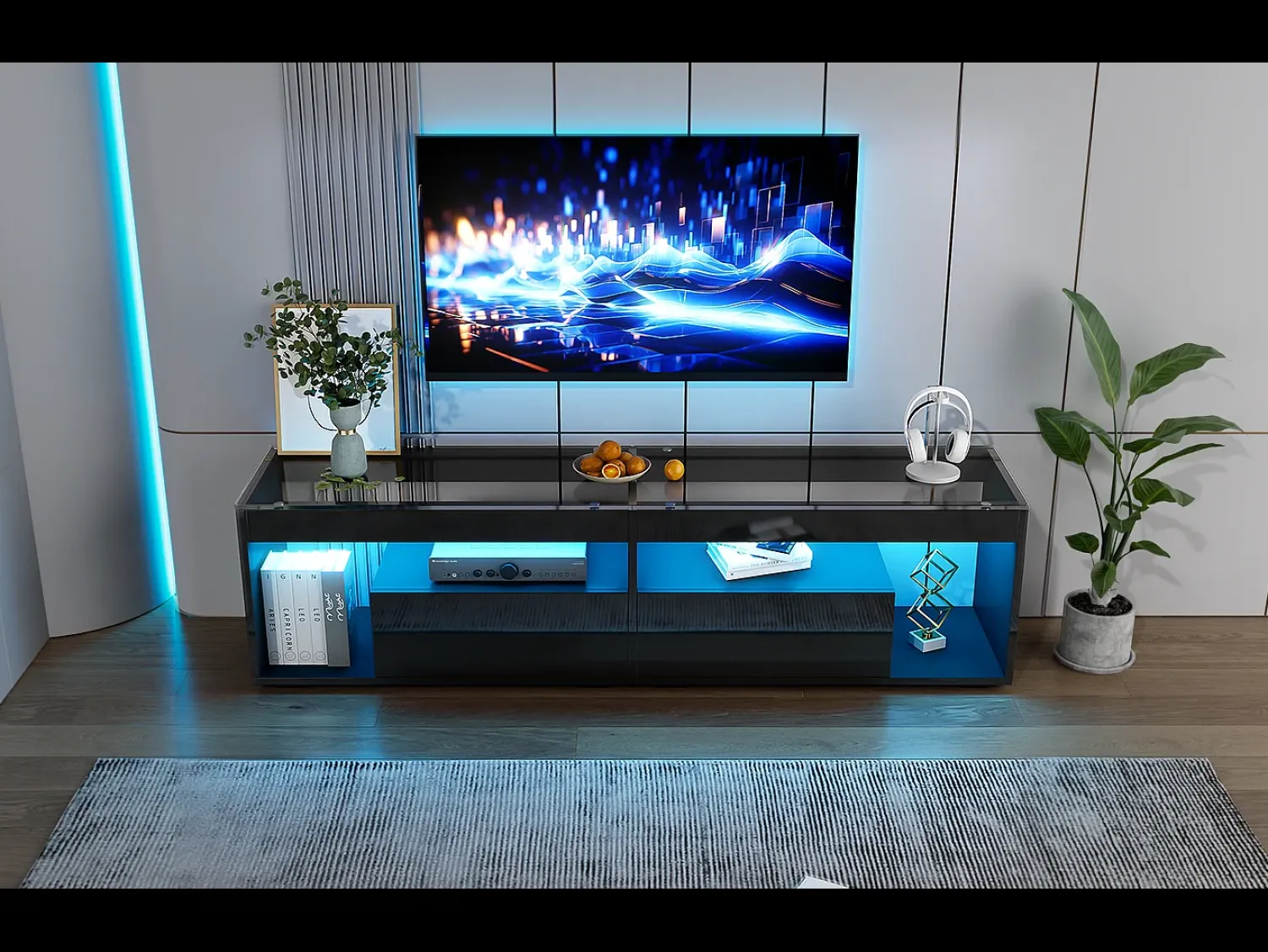 Móvel De Tv*Merax Móvel de TV brilhante - 180 x 40 x 46 cm - com 2 gavetas + LEDs - aglomerado - natural Preto