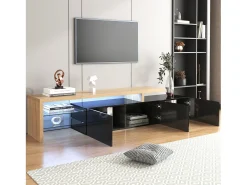Clearance Móvel de TV brilhante 197,5 C x 39 L x 42 A (cm), estilo moderno, espaço de armazenamento prático, aparência de madeira, prateleiras de vidro, iluminação LED, Preto