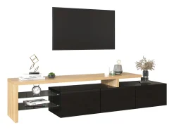 Clearance Móvel de TV brilhante 197,5 C x 39 L x 42 A (cm), estilo moderno, espaço de armazenamento prático, aparência de madeira, prateleiras de vidro, iluminação LED, Preto
