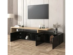 Clearance Móvel de TV brilhante 197,5 C x 39 L x 42 A (cm), estilo moderno, espaço de armazenamento prático, aparência de madeira, prateleiras de vidro, iluminação LED, Preto