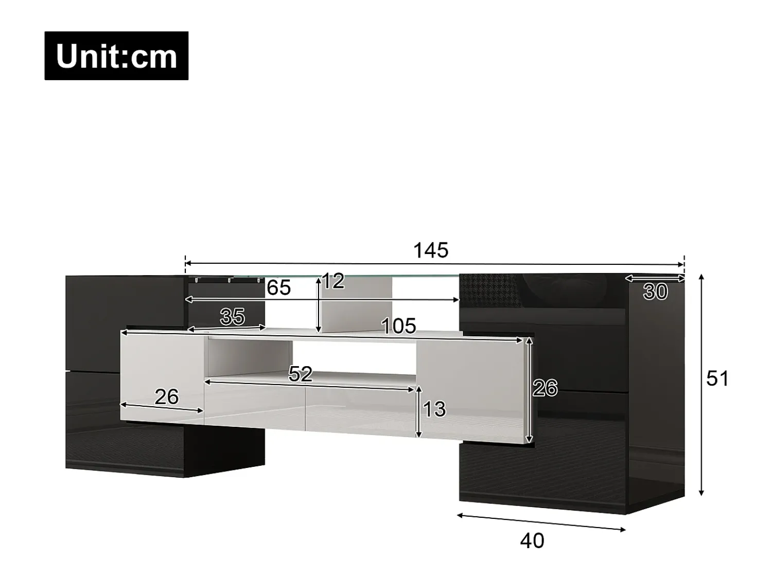 Móvel De Tv| Móvel de TV brilhante - Móvel de TV para sala de estar com iluminação LED - 6 portas e 2 gavetas - e branco Preto