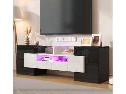 Móvel De Tv| Móvel de TV brilhante - Móvel de TV para sala de estar com iluminação LED - 6 portas e 2 gavetas - e branco Preto
