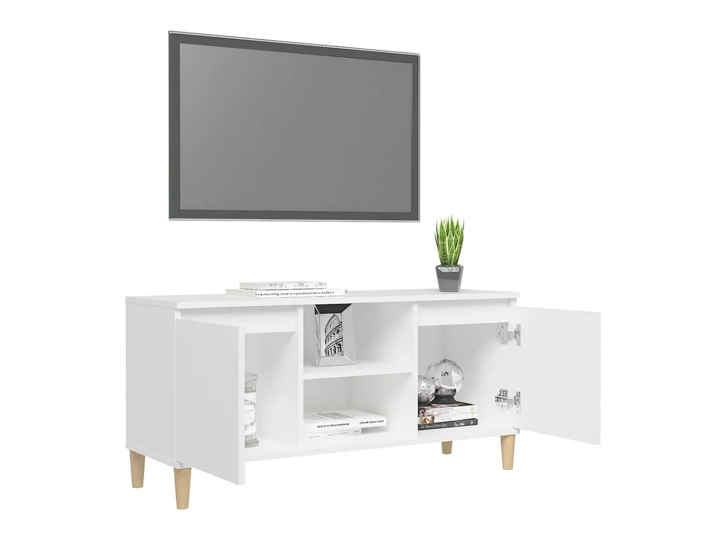Móvel De Tv| Móvel de TV c/ pernas de madeira maciça 103,5x35x50 cm PT428808 Branco