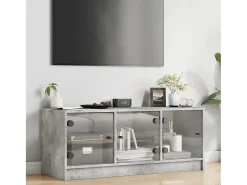 Móvel De Tv| Móvel de TV c/ portas de vidro 102x37x42 cm cinza cimento PT287244 Cinzento