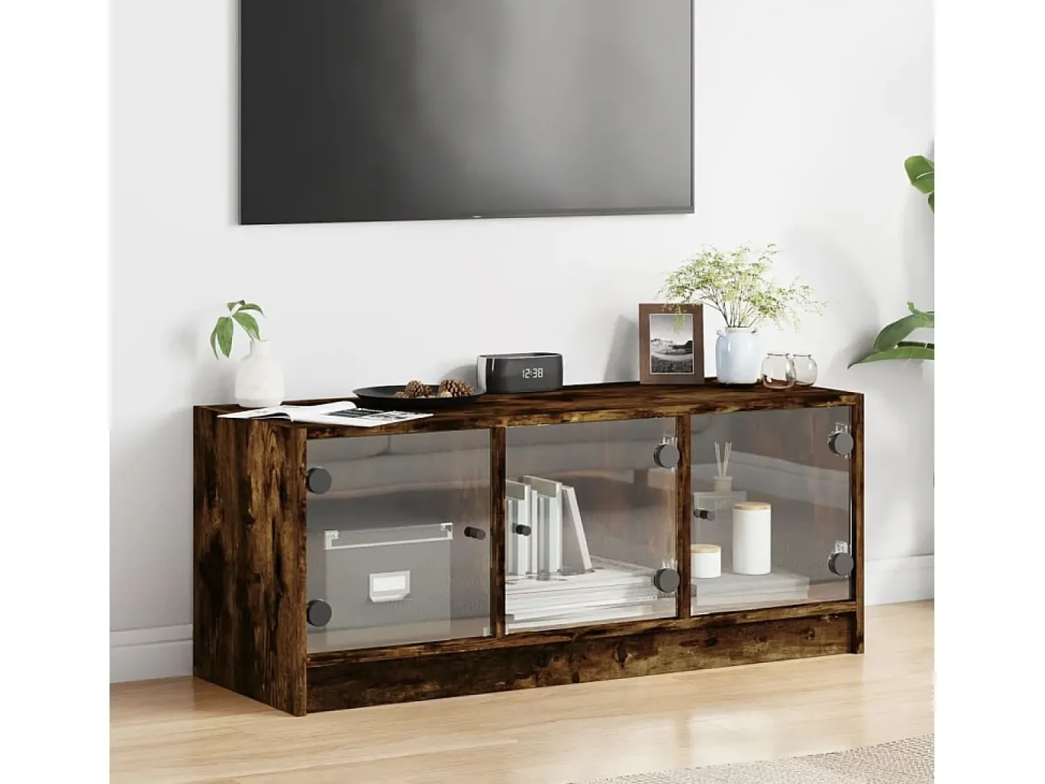Móvel De Tv* Móvel de TV c/ portas de vidro 102x37x42 cm carvalho fumado PT270379 Castanho