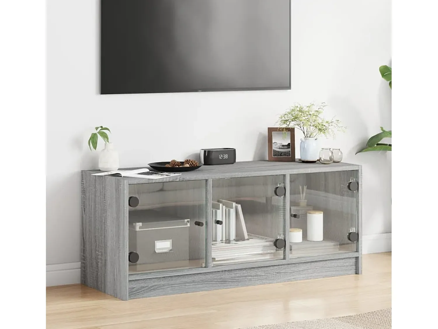 New Móvel de TV c/ portas de vidro 102x37x42 cm cinza sonoma PT613618 Cinzento