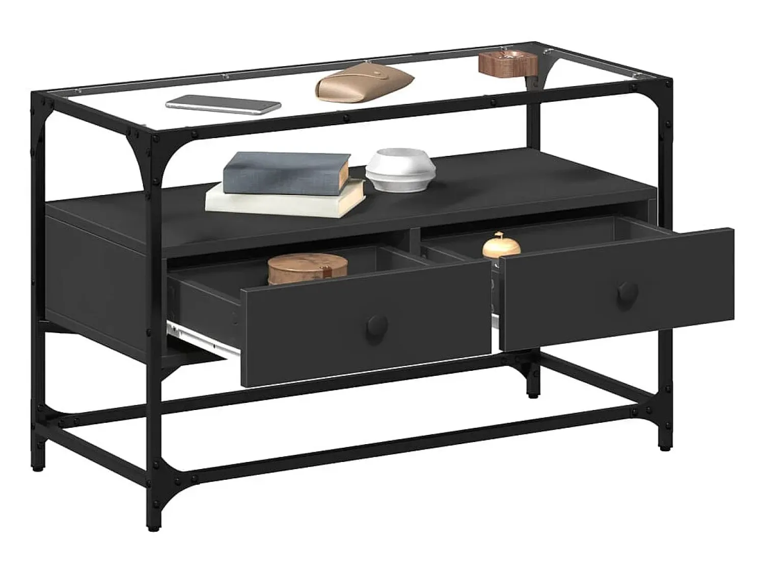 Móvel De Tv| Móvel de TV c/ tampo vidro 80x35x51 cm derivados madeira PT902693 Preto