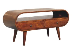 Móvel De Tv* Móvel de TV circular Artisan Furniture em castanheiro, 2 gavetas, 1 prateleira aberta, castanho Castanho chocolate