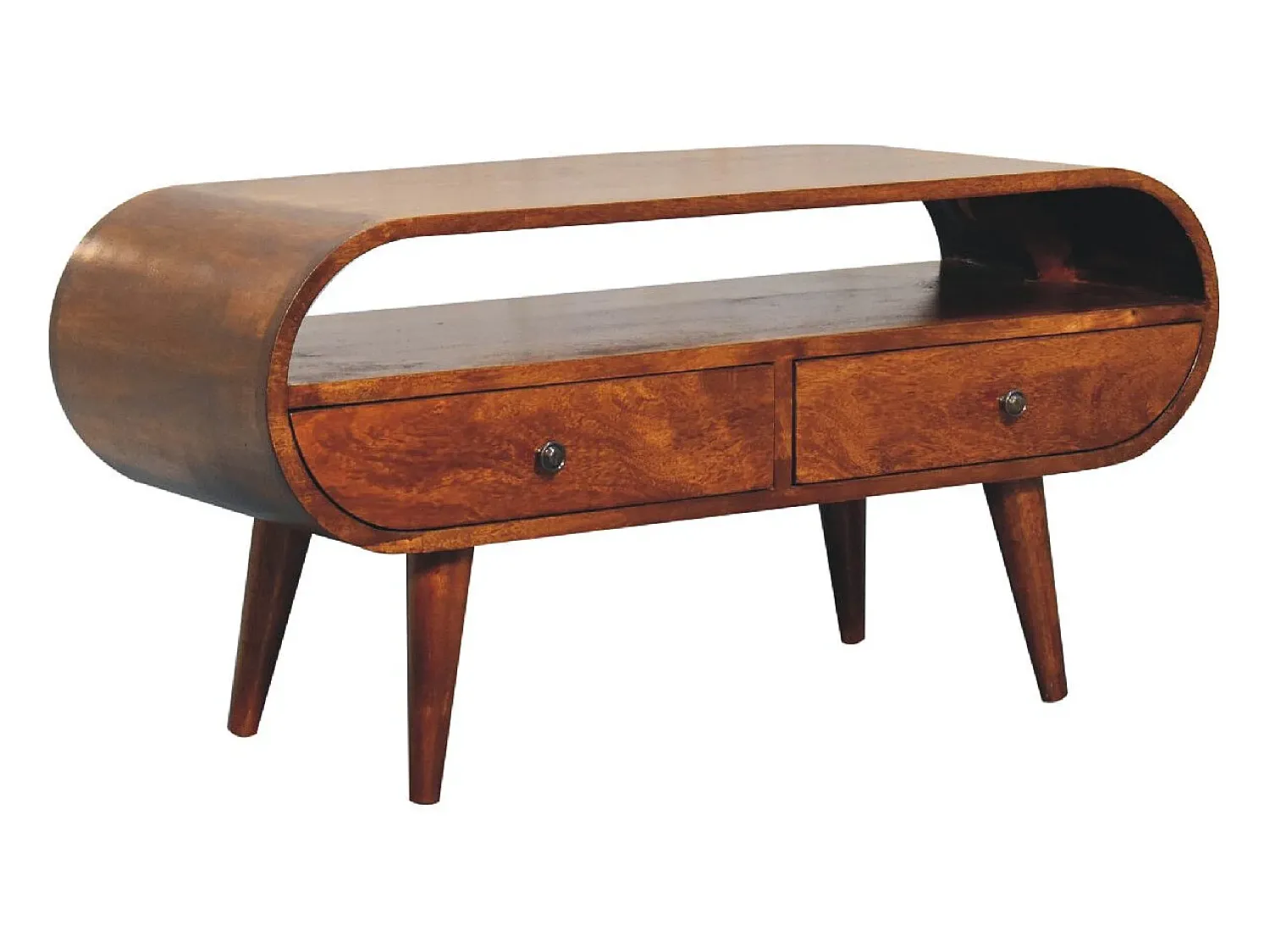 Móvel De Tv* Móvel de TV circular Artisan Furniture em castanheiro, 2 gavetas, 1 prateleira aberta, castanho Castanho chocolate