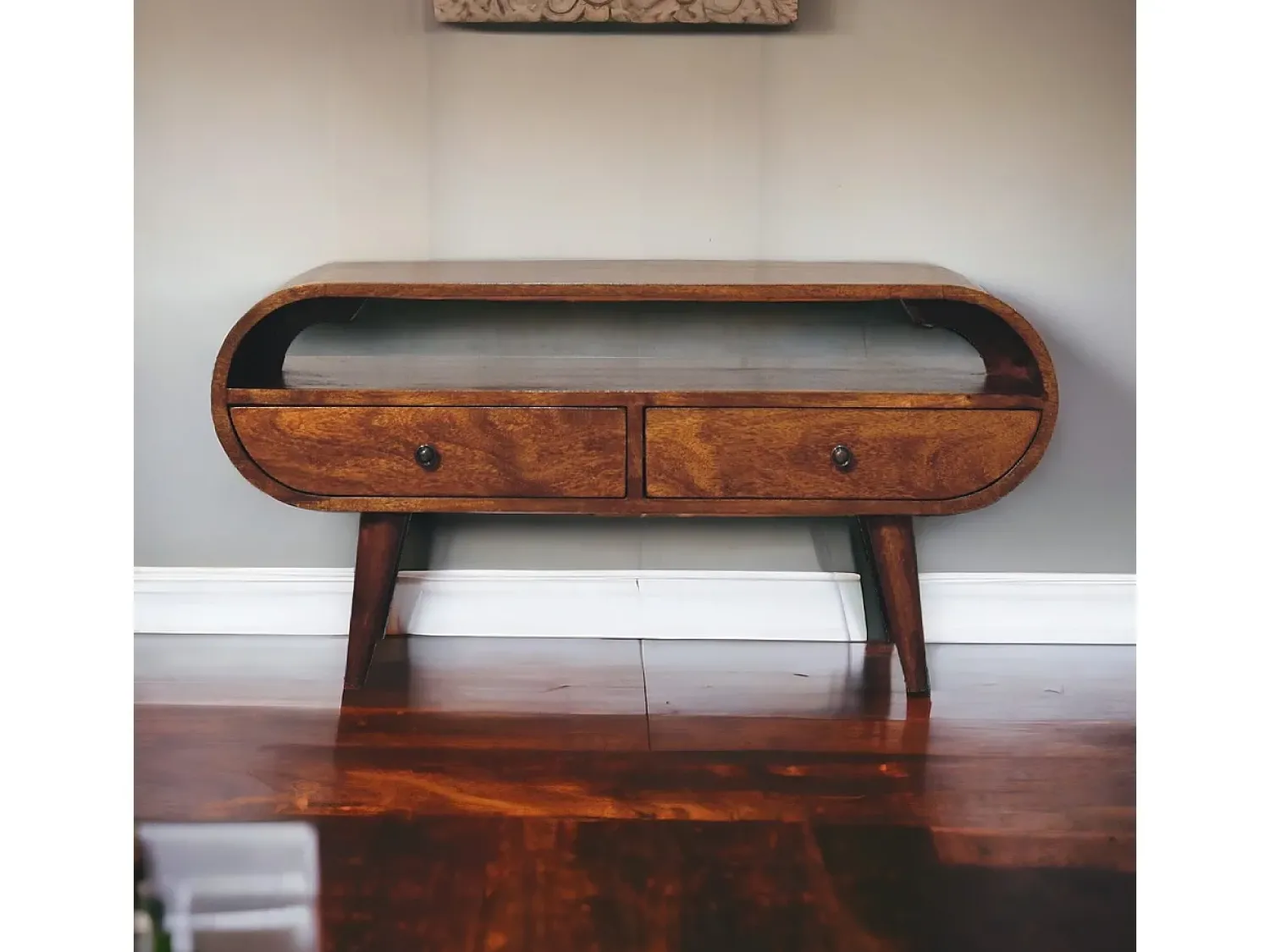 Móvel De Tv* Móvel de TV circular Artisan Furniture em castanheiro, 2 gavetas, 1 prateleira aberta, castanho Castanho chocolate