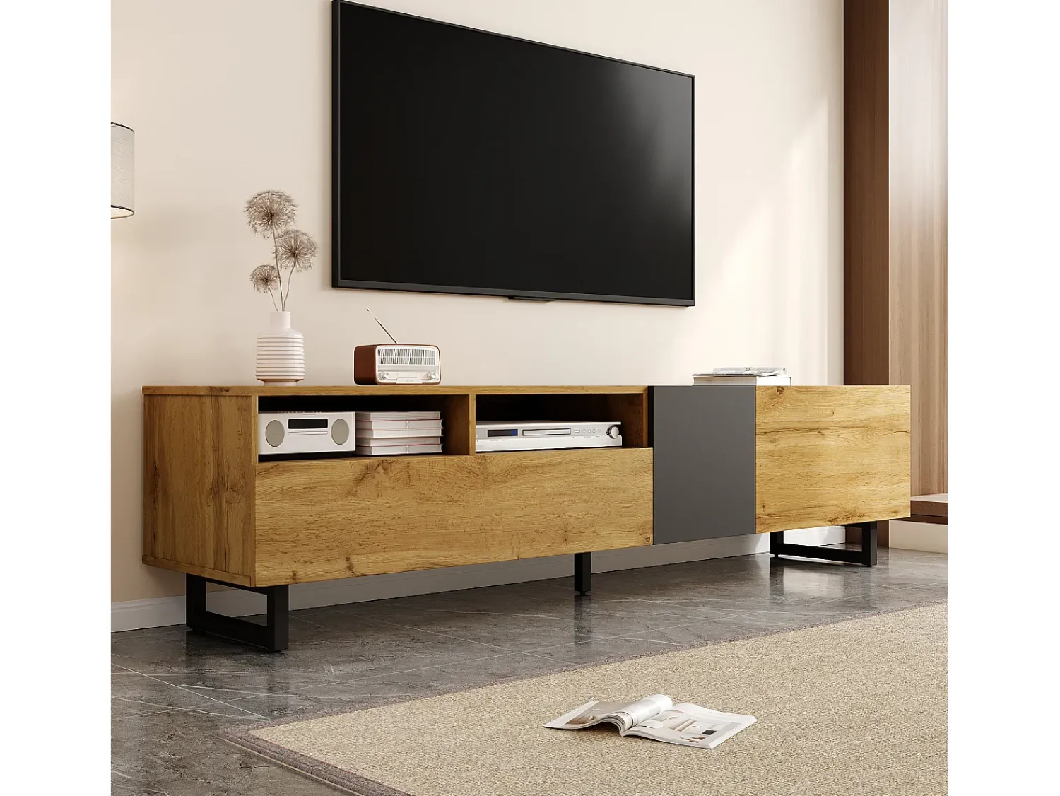 Merax Móvel de TV Colorblock - 170 x 36,5 x 42 cm - com 3 portas + 2 prateleiras - aglomerado - natural^ Móvel De Tv