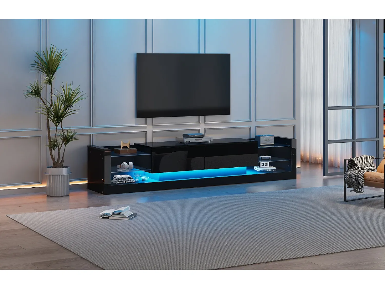 Móvel De Tv|Merax Móvel de TV com 2 gavetas dobráveis - 181 x 38 x 38 cm - LEDs - Aglomerado - brilhante Preto
