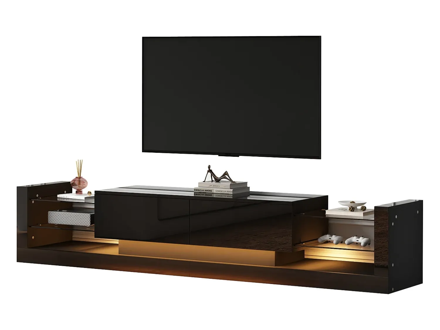 Móvel De Tv|Merax Móvel de TV com 2 gavetas dobráveis - 181 x 38 x 38 cm - LEDs - Aglomerado - brilhante Preto