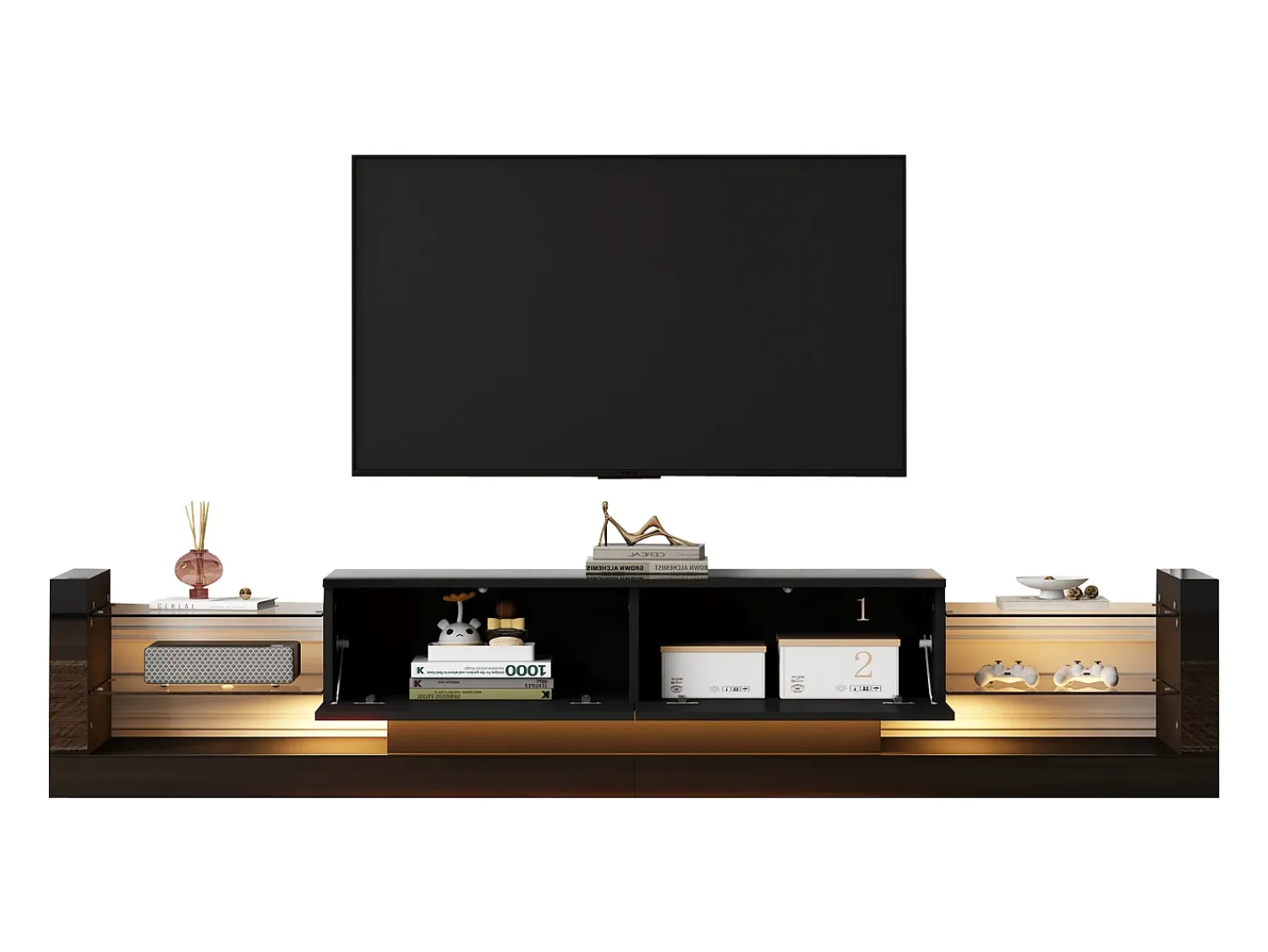 Móvel De Tv|Merax Móvel de TV com 2 gavetas dobráveis - 181 x 38 x 38 cm - LEDs - Aglomerado - brilhante Preto