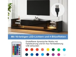 Móvel De Tv|Merax Móvel de TV com 2 gavetas dobráveis - 181 x 38 x 38 cm - LEDs - Aglomerado - brilhante Preto