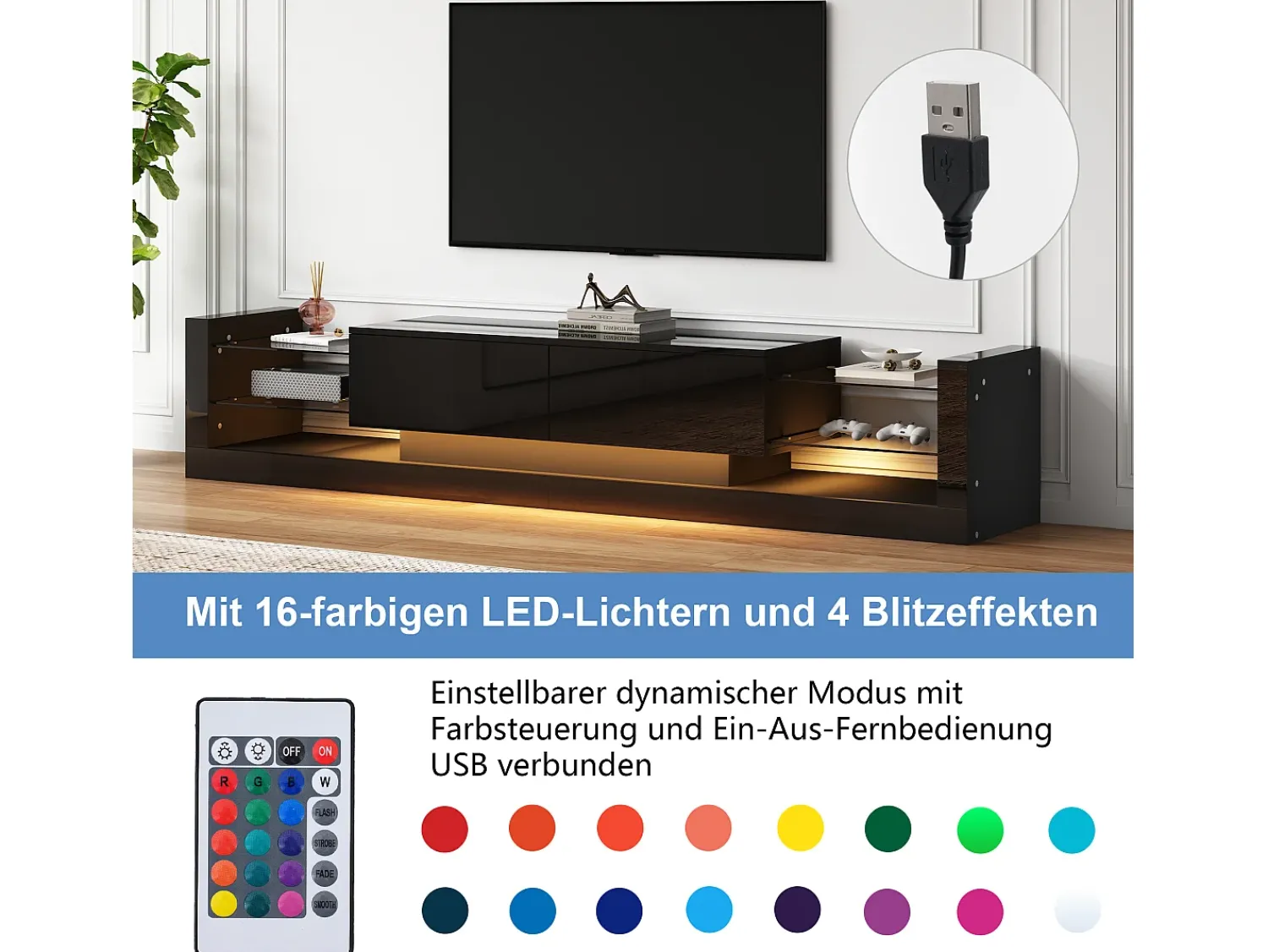 Móvel De Tv|Merax Móvel de TV com 2 gavetas dobráveis - 181 x 38 x 38 cm - LEDs - Aglomerado - brilhante Preto