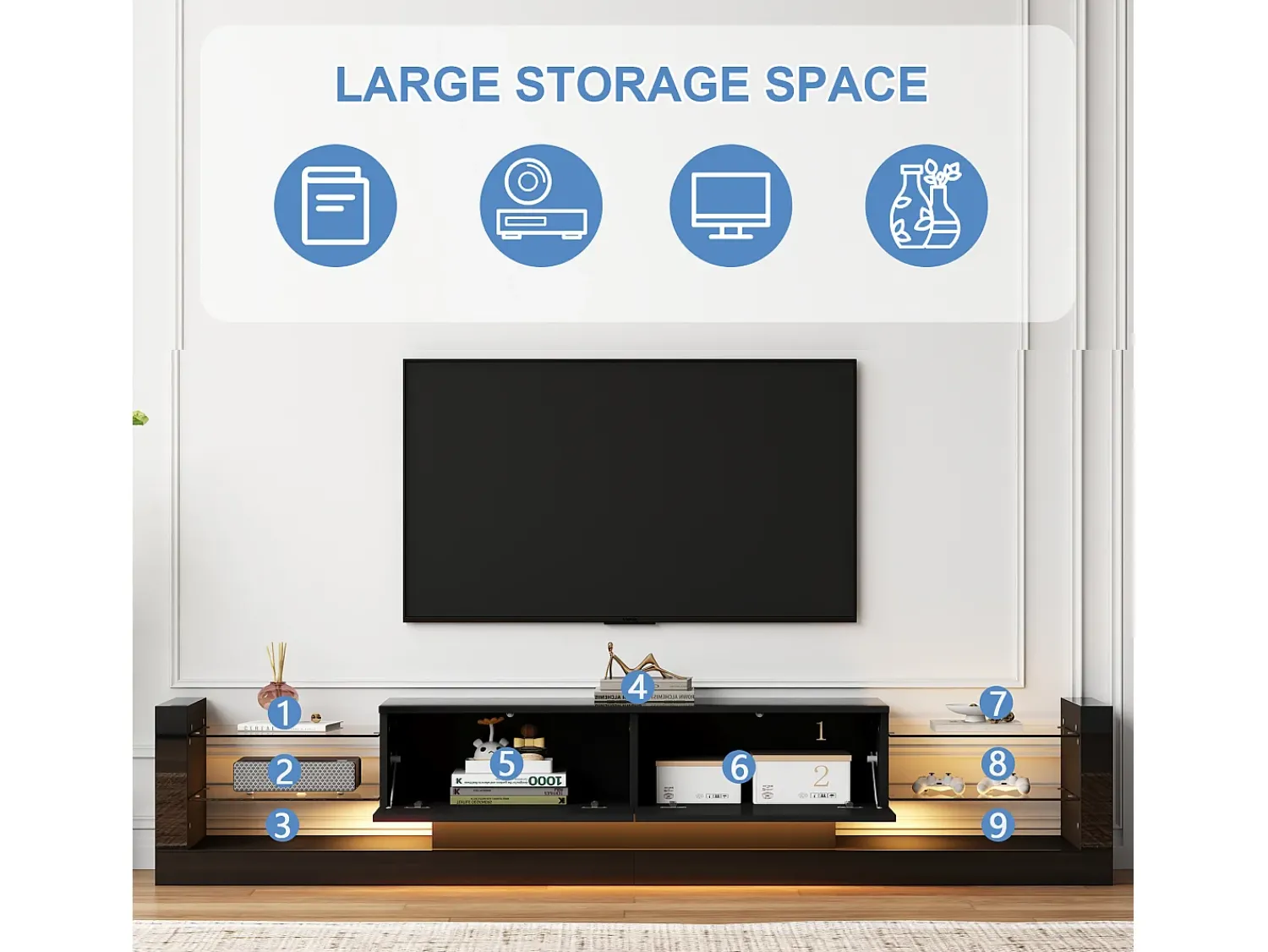 Móvel De Tv|Merax Móvel de TV com 2 gavetas dobráveis - 181 x 38 x 38 cm - LEDs - Aglomerado - brilhante Preto