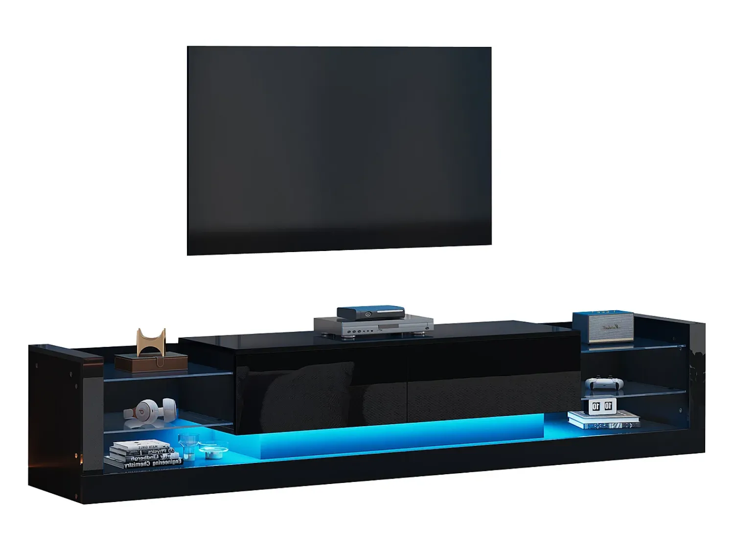 Móvel De Tv|Merax Móvel de TV com 2 gavetas dobráveis - 181 x 38 x 38 cm - LEDs - Aglomerado - brilhante Preto