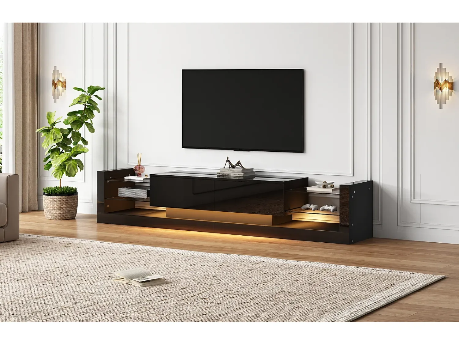 Móvel De Tv|Merax Móvel de TV com 2 gavetas dobráveis - 181 x 38 x 38 cm - LEDs - Aglomerado - brilhante Preto