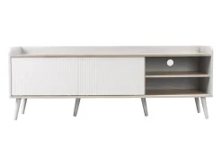 Móvel de TV com 2 gavetas e 2 portas de correr, /com efeito madeira, 160x40x58 cm. Textura requintada e espaço de armazenamento prático. Branco
