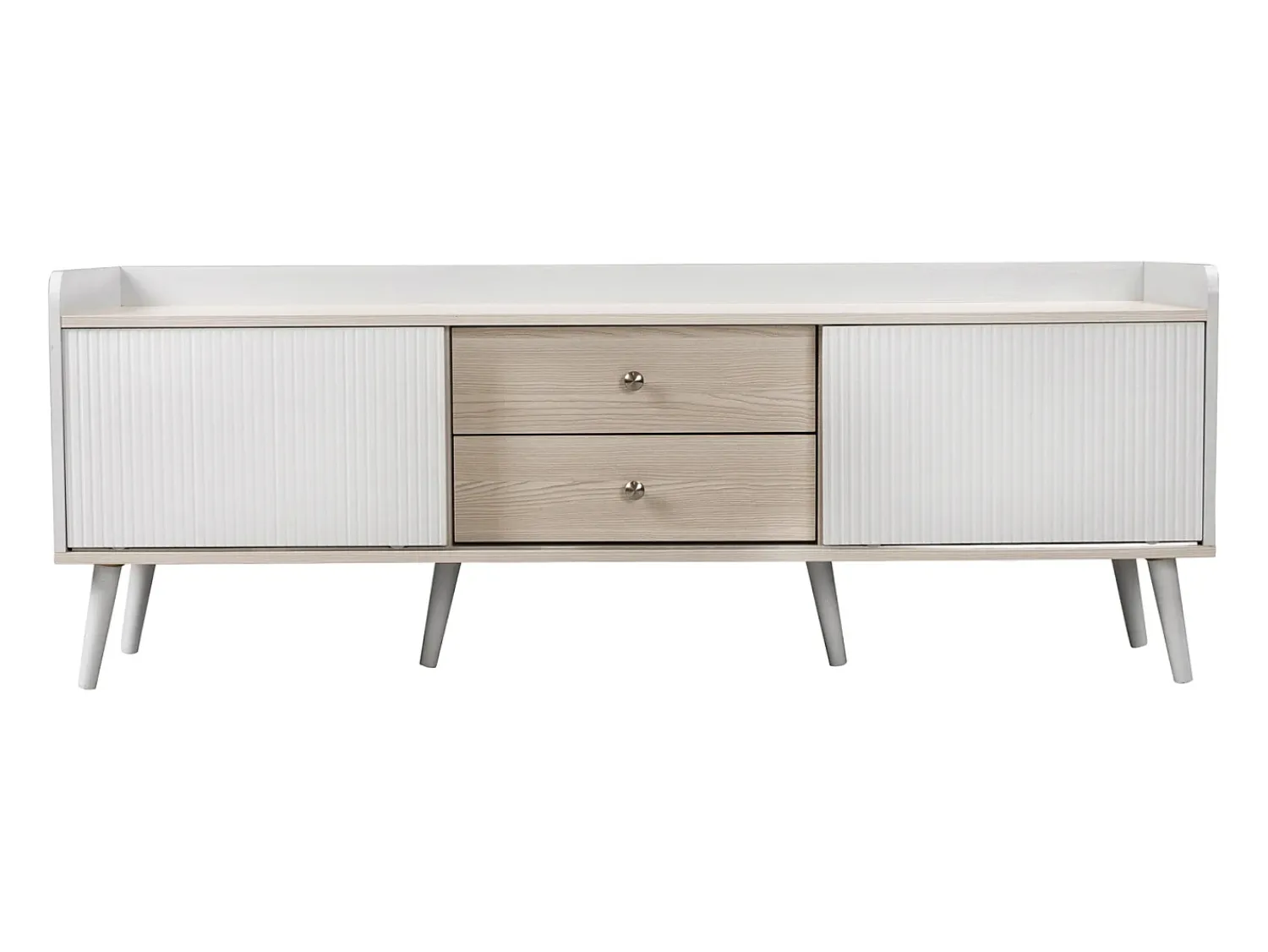 Móvel de TV com 2 gavetas e 2 portas de correr, /com efeito madeira, 160x40x58 cm. Textura requintada e espaço de armazenamento prático. Branco