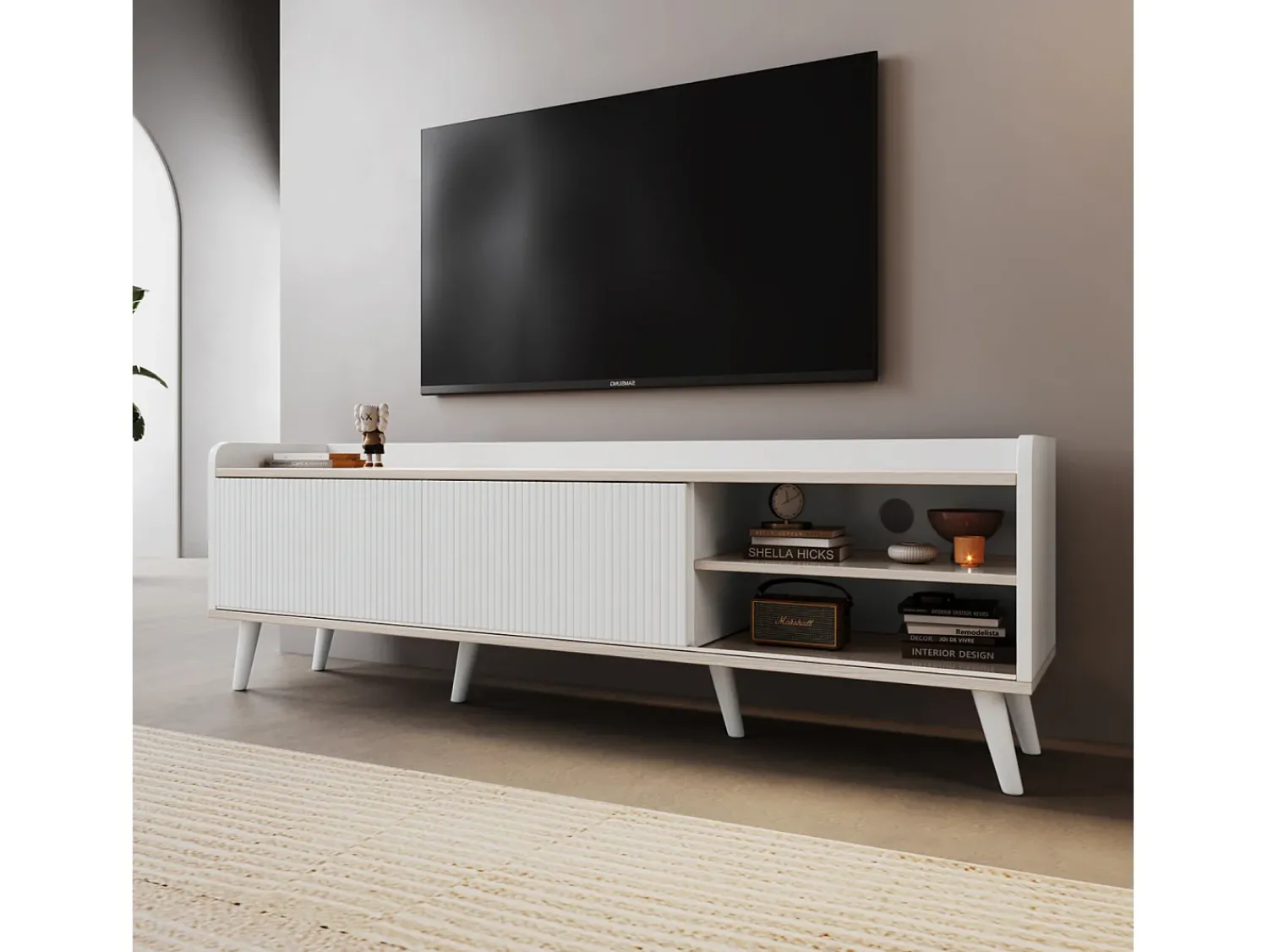 Móvel de TV com 2 gavetas e 2 portas de correr, /com efeito madeira, 160x40x58 cm. Textura requintada e espaço de armazenamento prático. Branco