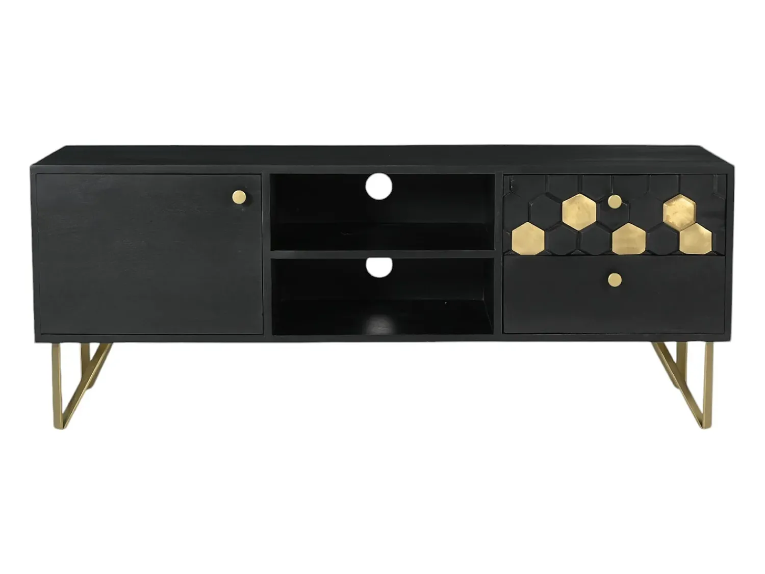 Vente-unique Móvel de TV com 1 porta, 2 gavetas e 2 nichos madeira de mangueira e dourado BELORI^ Móvel De Tv