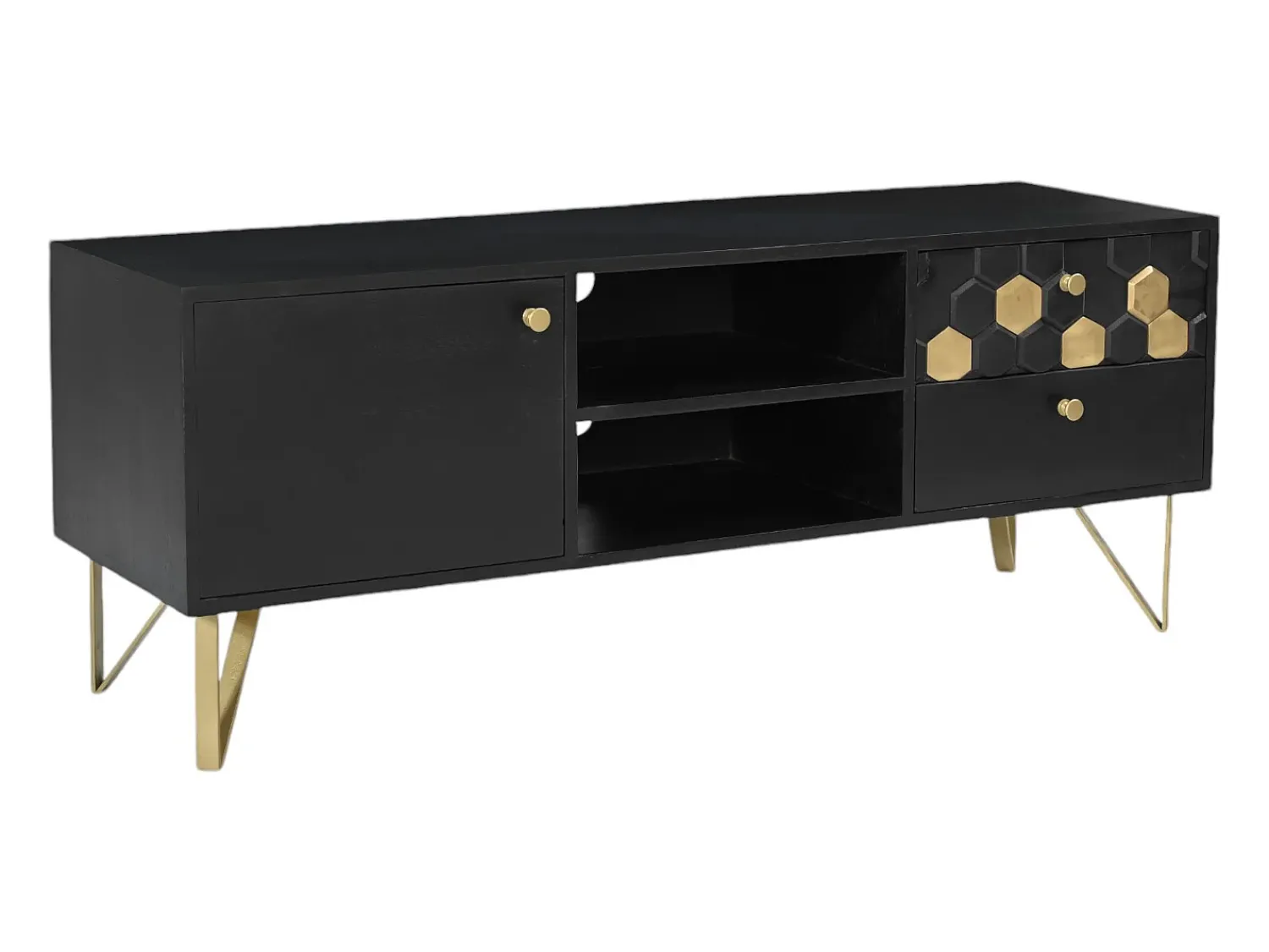 Vente-unique Móvel de TV com 1 porta, 2 gavetas e 2 nichos madeira de mangueira e dourado BELORI^ Móvel De Tv