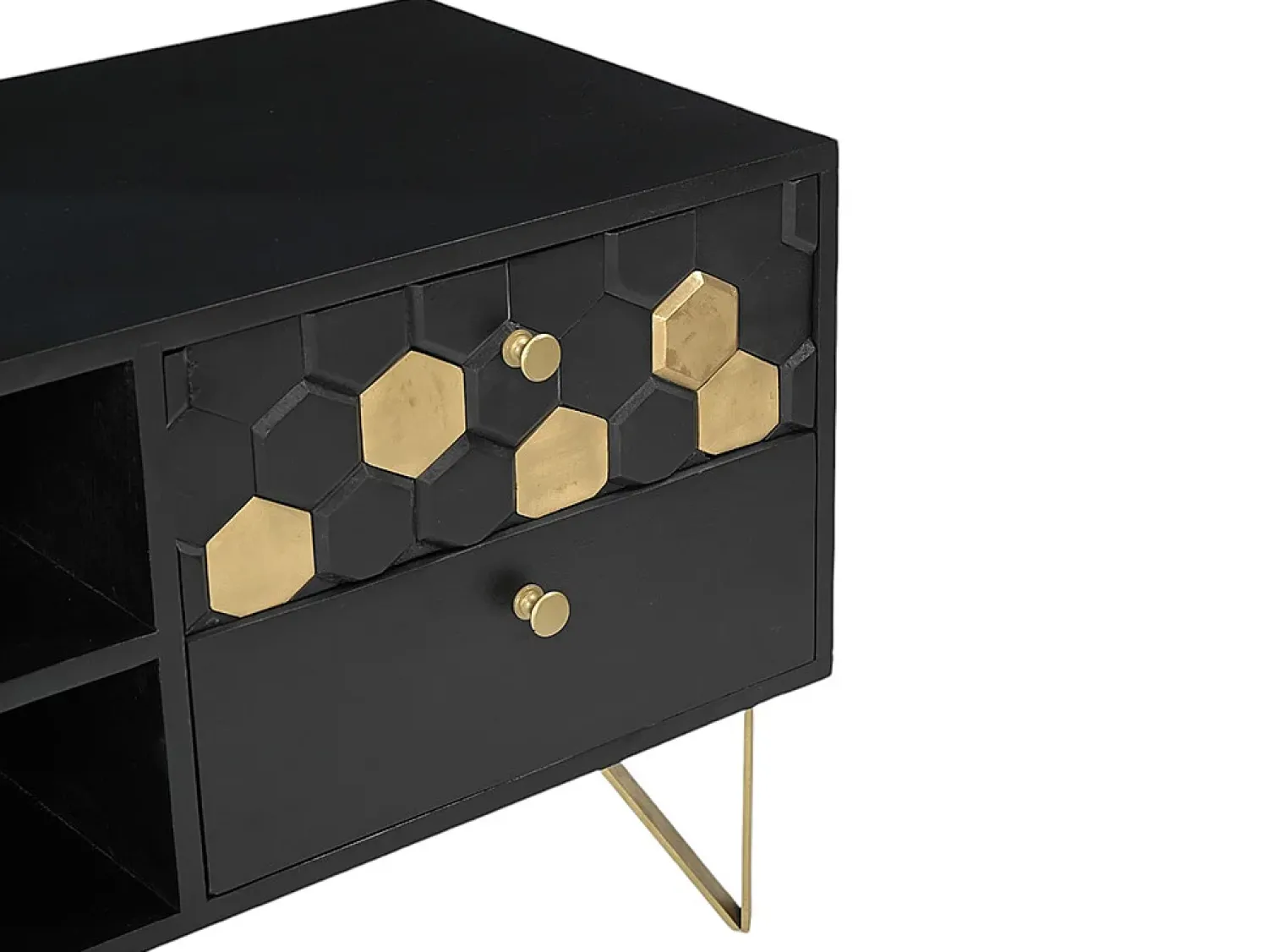 Vente-unique Móvel de TV com 1 porta, 2 gavetas e 2 nichos madeira de mangueira e dourado BELORI^ Móvel De Tv