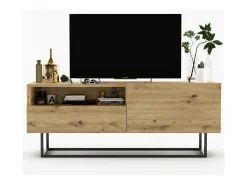 Móvel de TV com 1 porta, nicho e gaveta – corpo Carvalho artesanal fosco, frentes Carvalho artesanal fosco – 120 cm, estrutura em metal preto^ Móvel De Tv