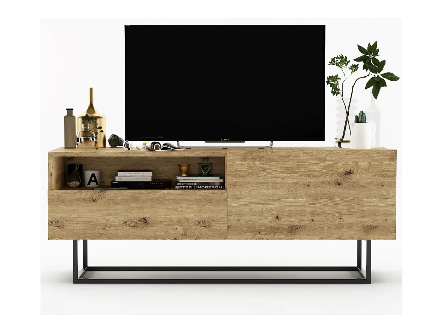 Móvel de TV com 1 porta, nicho e gaveta – corpo Carvalho artesanal fosco, frentes Carvalho artesanal fosco – 120 cm, estrutura em metal preto^ Móvel De Tv