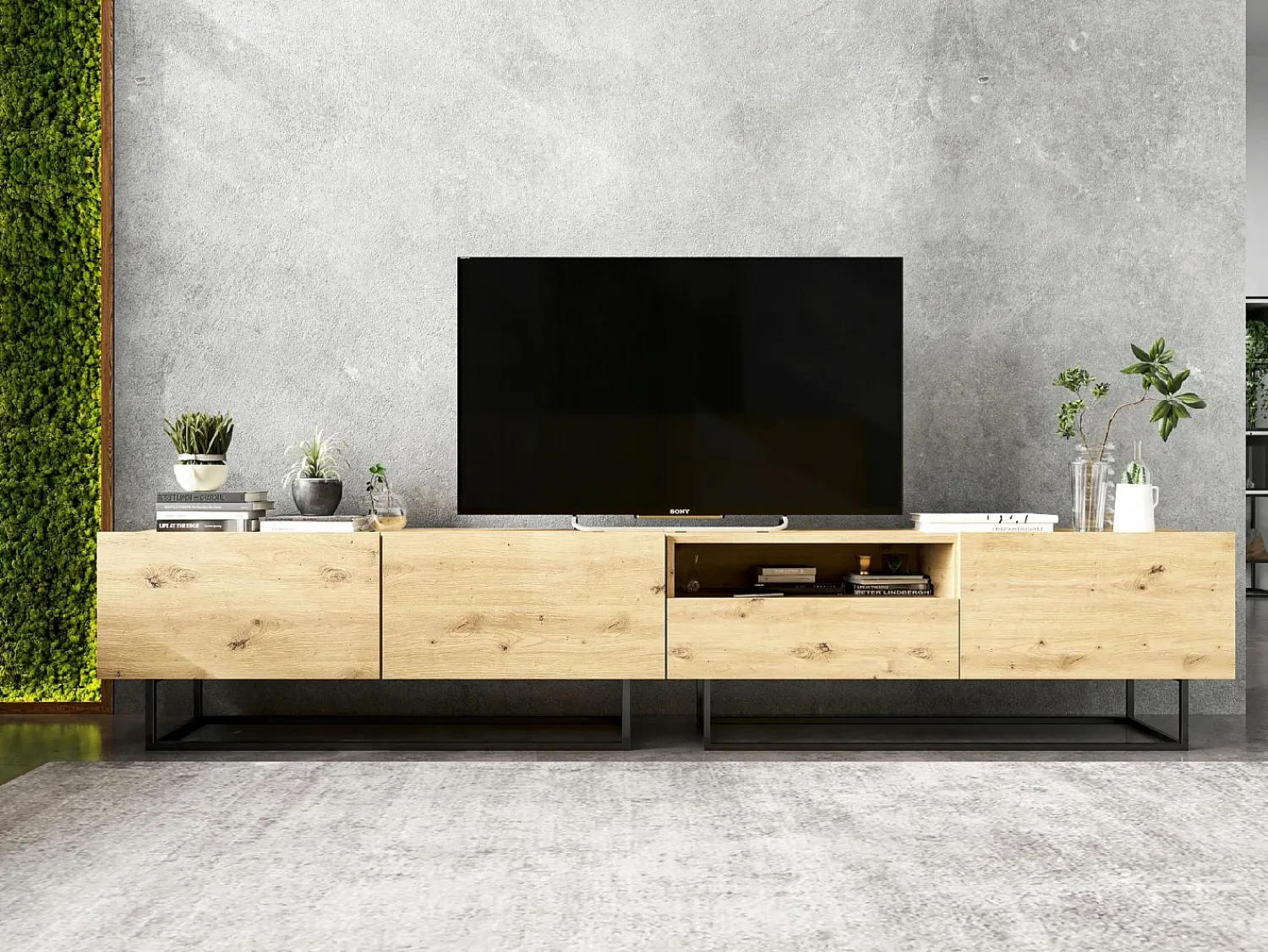 Móvel de TV com 1 porta, nicho e gaveta – corpo Carvalho artesanal fosco, frentes Carvalho artesanal fosco – 120 cm, estrutura em metal preto^ Móvel De Tv