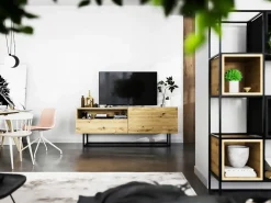 Móvel de TV com 1 porta, nicho e gaveta – corpo Carvalho artesanal fosco, frentes Carvalho artesanal fosco – 120 cm, estrutura em metal preto^ Móvel De Tv