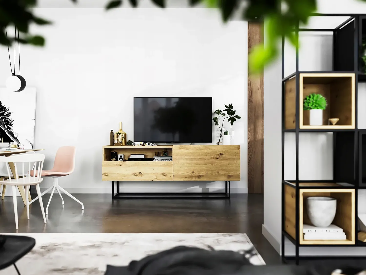 Móvel de TV com 1 porta, nicho e gaveta – corpo Carvalho artesanal fosco, frentes Carvalho artesanal fosco – 120 cm, estrutura em metal preto^ Móvel De Tv