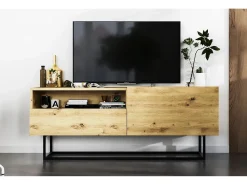 Móvel de TV com 1 porta, nicho e gaveta – corpo Carvalho artesanal fosco, frentes Carvalho artesanal fosco – 120 cm, estrutura em metal preto^ Móvel De Tv