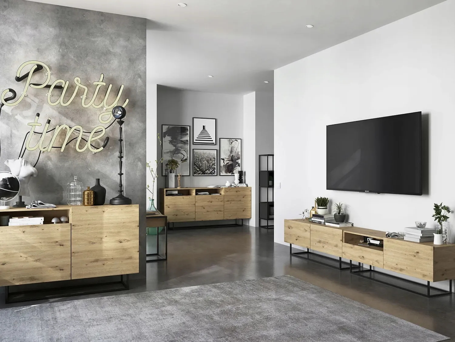 Móvel de TV com 1 porta, nicho e gaveta – corpo Carvalho artesanal fosco, frentes Carvalho artesanal fosco – 120 cm, estrutura em metal preto^ Móvel De Tv