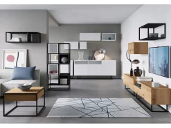 Móvel de TV com 1 porta, nicho e gaveta – corpo Carvalho artesanal fosco, frentes Carvalho artesanal fosco – 120 cm, estrutura em metal preto^ Móvel De Tv
