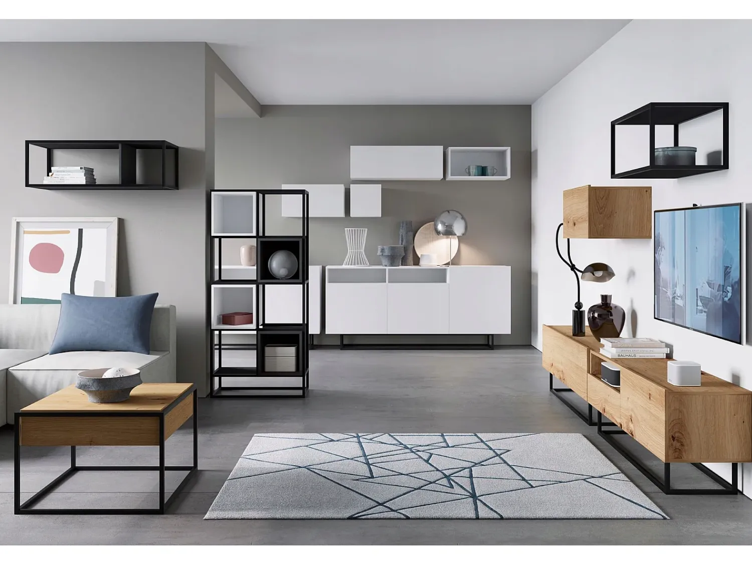 Móvel de TV com 1 porta, nicho e gaveta – corpo Carvalho artesanal fosco, frentes Carvalho artesanal fosco – 120 cm, estrutura em metal preto^ Móvel De Tv