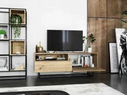 Móvel de TV com 1 porta, nicho e gaveta – corpo Carvalho artesanal fosco, frentes Carvalho artesanal fosco – 120 cm, estrutura em metal preto^ Móvel De Tv