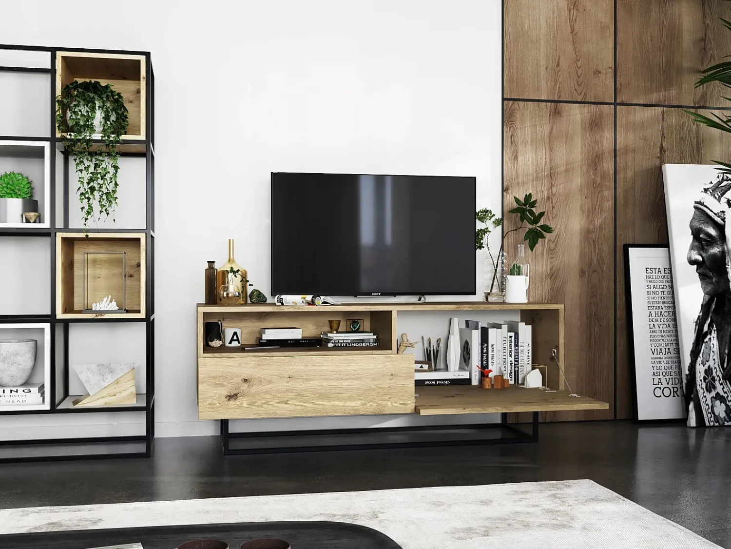 Móvel de TV com 1 porta, nicho e gaveta – corpo Carvalho artesanal fosco, frentes Carvalho artesanal fosco – 120 cm, estrutura em metal preto^ Móvel De Tv