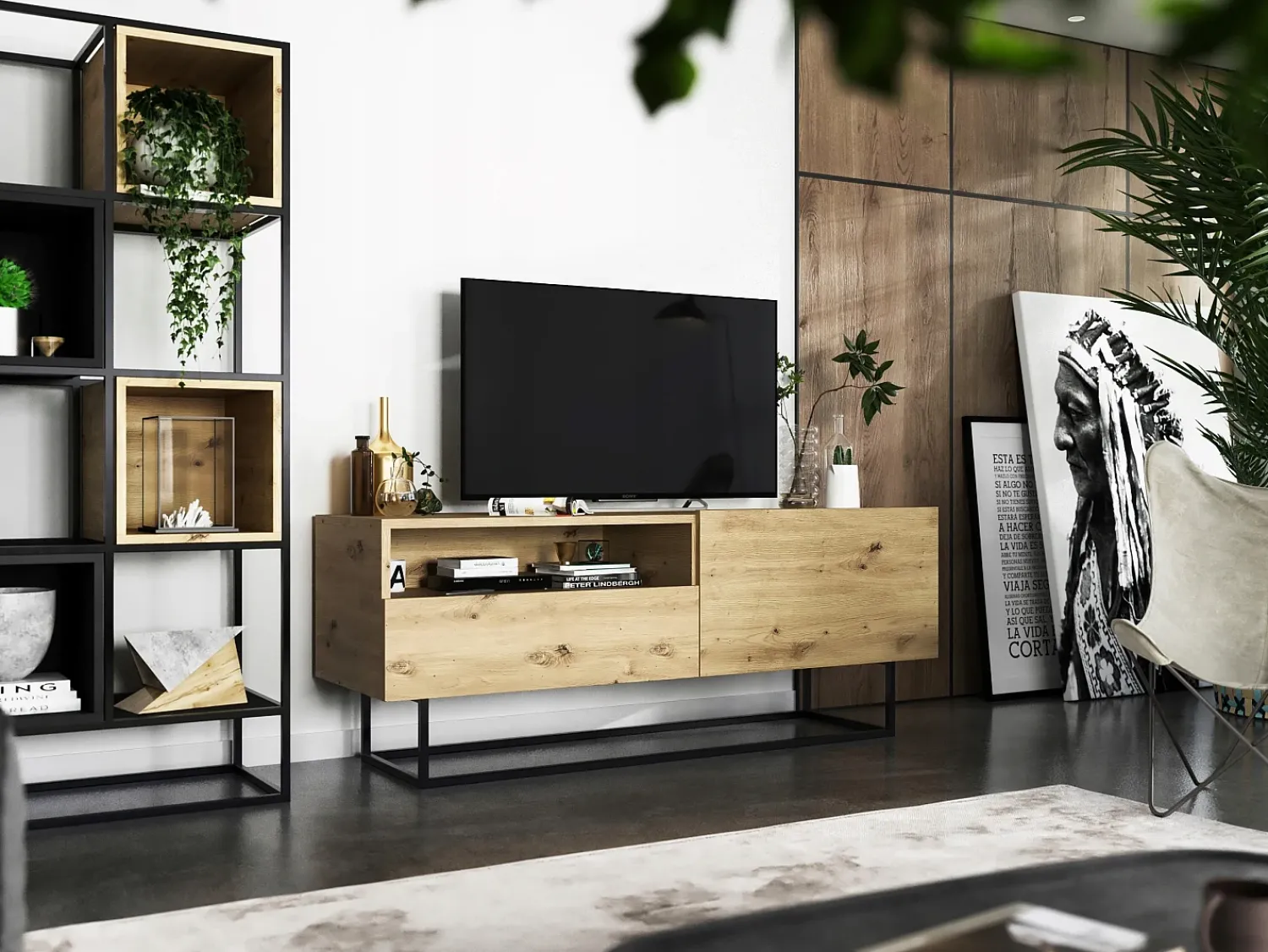 Móvel de TV com 1 porta, nicho e gaveta – corpo Carvalho artesanal fosco, frentes Carvalho artesanal fosco – 120 cm, estrutura em metal preto^ Móvel De Tv