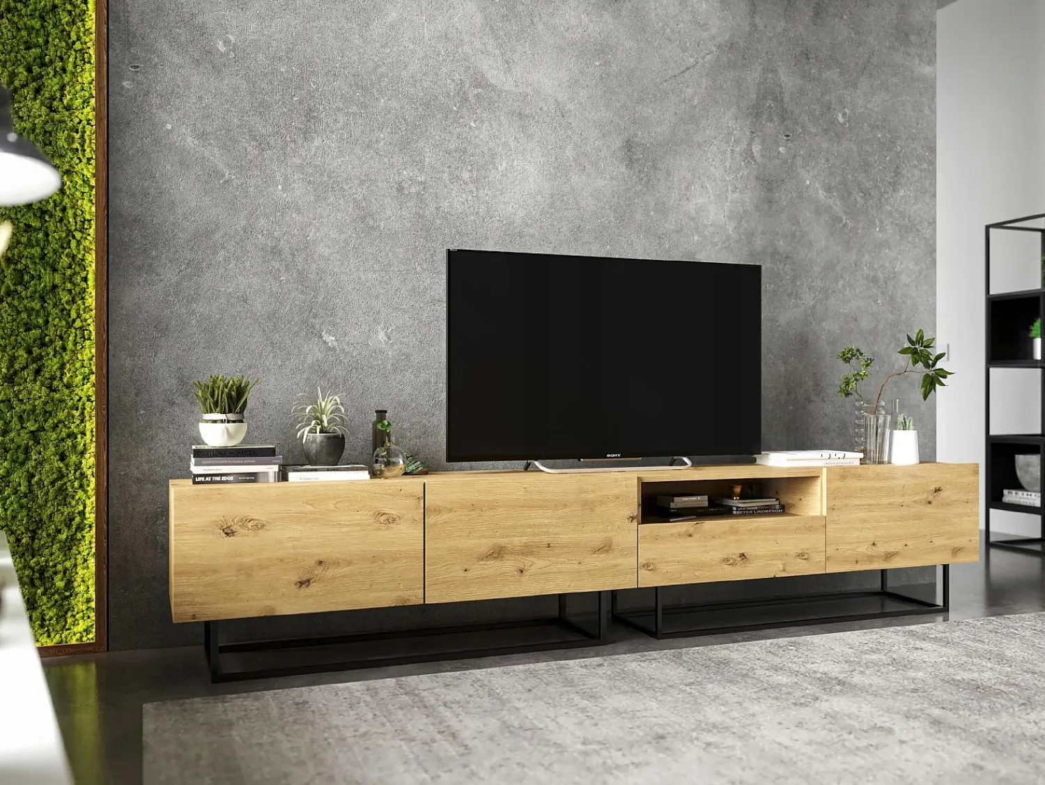 Móvel de TV com 1 porta, nicho e gaveta – corpo Carvalho artesanal fosco, frentes Carvalho artesanal fosco – 120 cm, estrutura em metal preto^ Móvel De Tv
