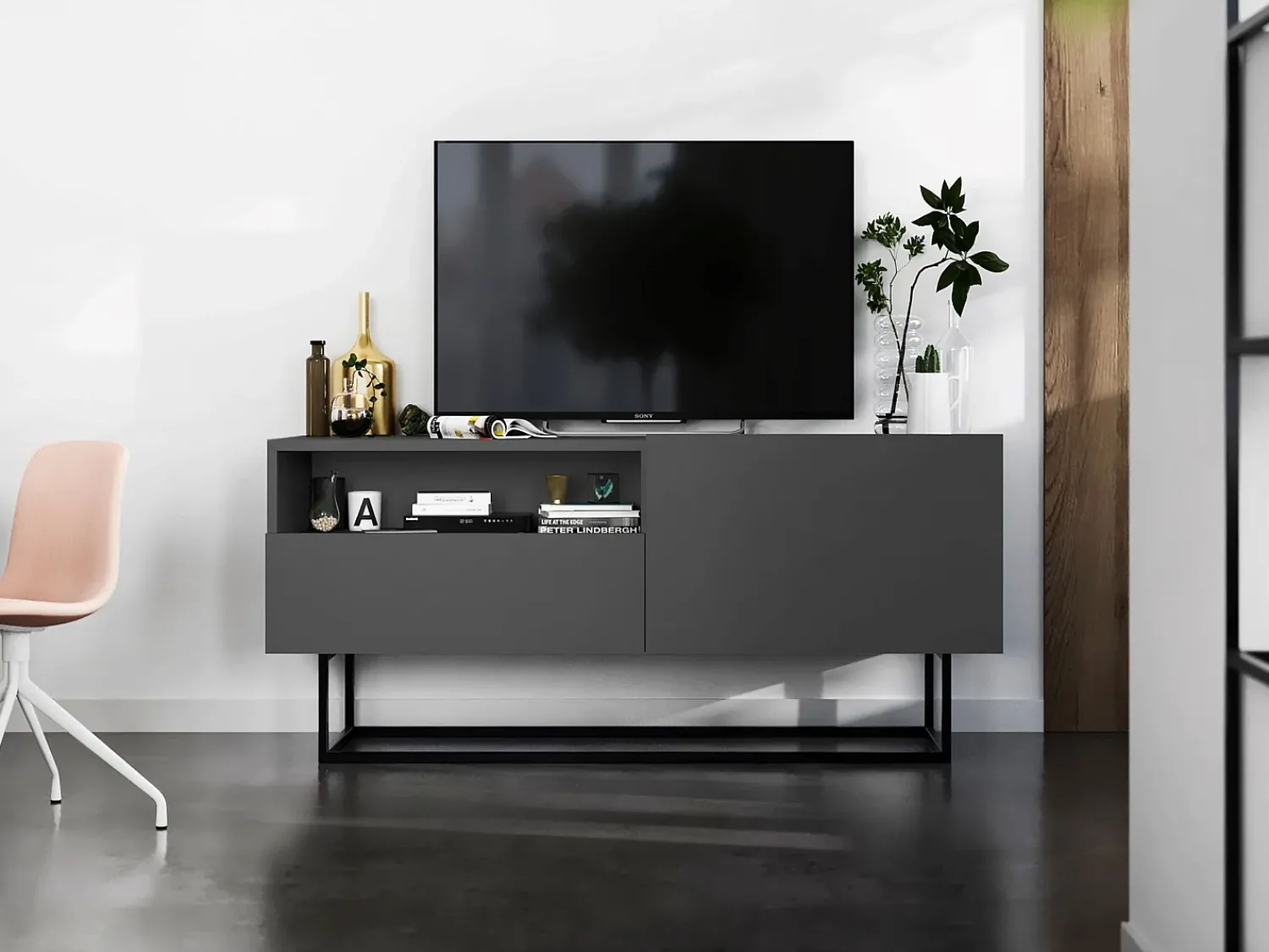 Móvel De Tv* Móvel de TV com 1 porta, nicho e gaveta – corpo Grafite fosco, frentes Grafite fosco – 120 cm, estrutura em metal preto Cinzento