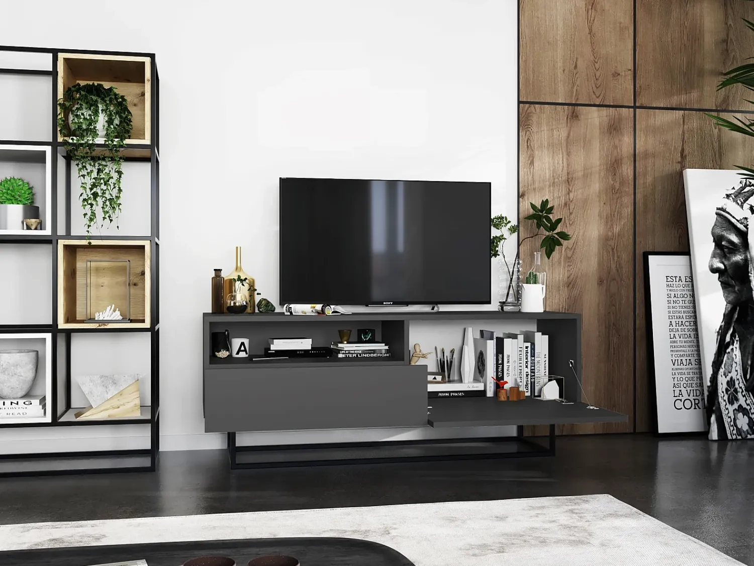 Móvel De Tv* Móvel de TV com 1 porta, nicho e gaveta – corpo Grafite fosco, frentes Grafite fosco – 120 cm, estrutura em metal preto Cinzento