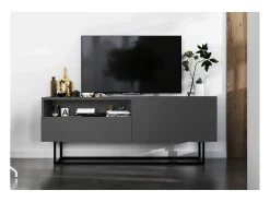 Móvel De Tv* Móvel de TV com 1 porta, nicho e gaveta – corpo Grafite fosco, frentes Grafite fosco – 120 cm, estrutura em metal preto Cinzento
