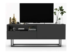 Móvel De Tv* Móvel de TV com 1 porta, nicho e gaveta – corpo Grafite fosco, frentes Grafite fosco – 120 cm, estrutura em metal preto Cinzento