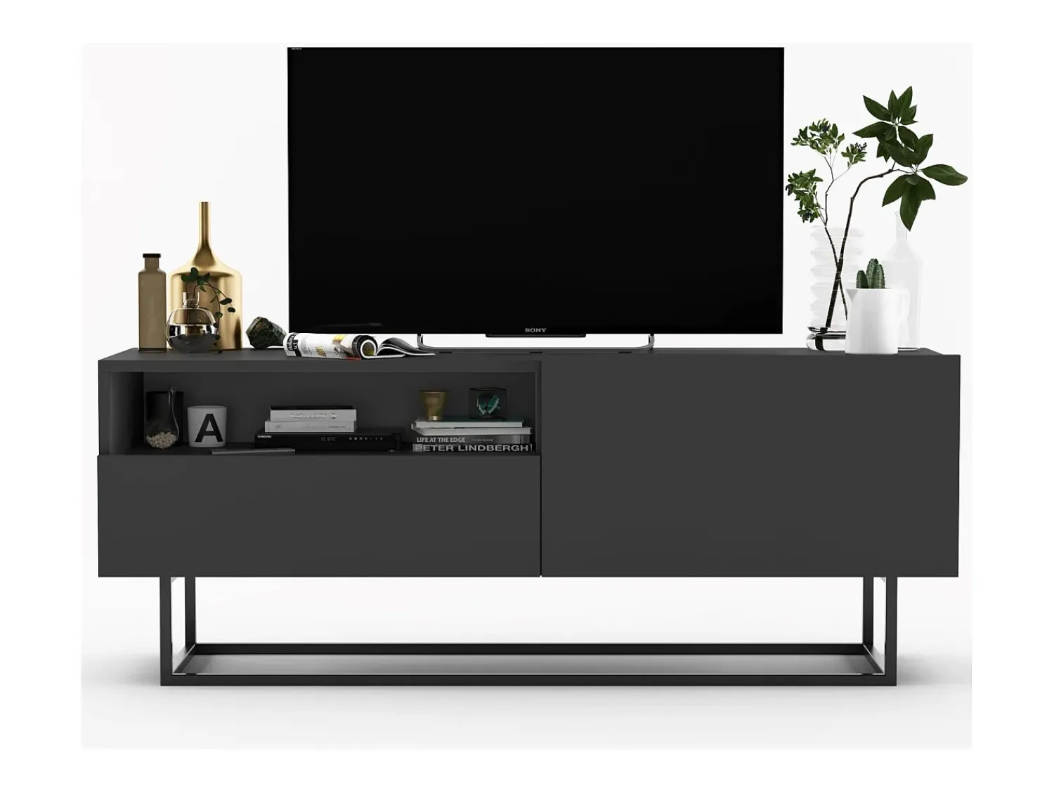 Móvel De Tv* Móvel de TV com 1 porta, nicho e gaveta – corpo Grafite fosco, frentes Grafite fosco – 120 cm, estrutura em metal preto Cinzento