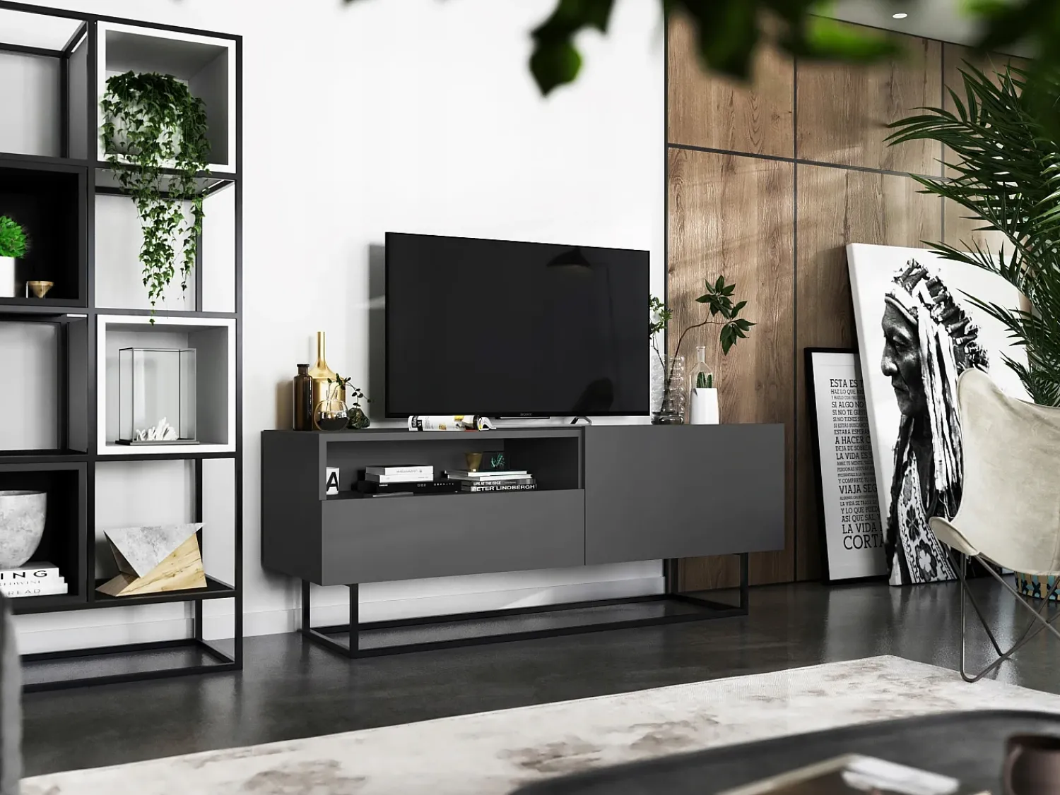 Móvel De Tv* Móvel de TV com 1 porta, nicho e gaveta – corpo Grafite fosco, frentes Grafite fosco – 120 cm, estrutura em metal preto Cinzento