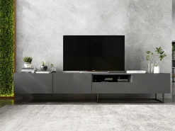 Móvel De Tv* Móvel de TV com 1 porta, nicho e gaveta – corpo Grafite fosco, frentes Grafite fosco – 120 cm, estrutura em metal preto Cinzento